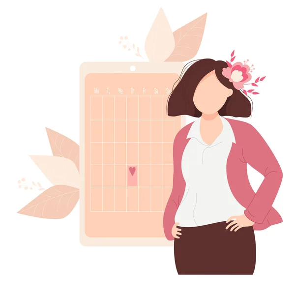 La fille regarde le calendrier des femmes. Femme d'affaires avec des mains de fleur sur la ceinture, se tient près du calendrier de la santé des femmes et des menstruations sur l'écran du téléphone. Illustration vectorielle — Image vectorielle