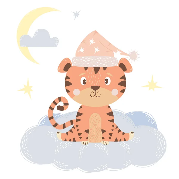 Linda niña tigre en una gorra de noche rosa se sienta en una nube en el cielo con estrellas y la luna. Ilustración vectorial. Concepto de bebé animal para vivero, diseño, decoración, postales y estampados — Vector de stock