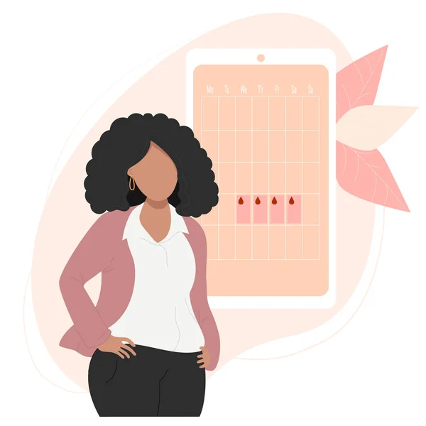 Une fille à la peau foncée regarde le calendrier. Femme ethnique près du calendrier de la santé féminine et des menstruations sur l'écran du téléphone. Illustration vectorielle. Le concept de la santé des femmes — Image vectorielle