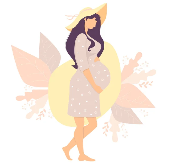 Happy pregnant girl in sun hat hugs her belly. Isolated on a decorative background. Vector illustration. Female health and pregnancy concept — Stock Vector