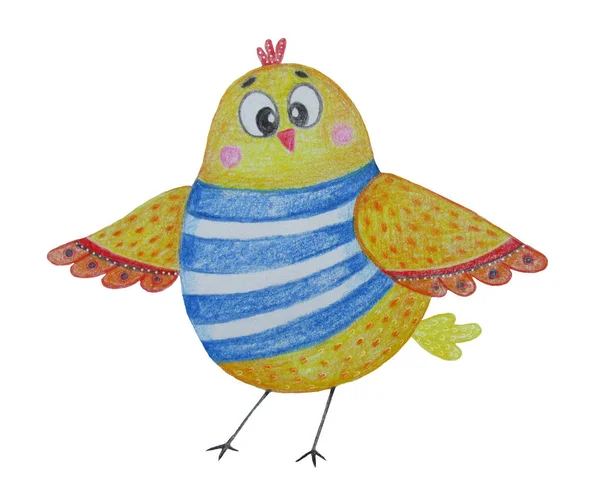 Giallo uccello carino in un giubbotto a strisce di mare. Disegno a mano di pulcino divertente decorativo. Carattere per carte, decorazioni, manifesti e design — Foto Stock