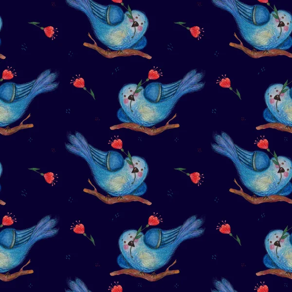 Seamless patterns. Magic blue bird with a red flower in its beak on a branch on a dark blue background. Watercolor. Illustration for design, decor, textiles, wallpaper, packaging 