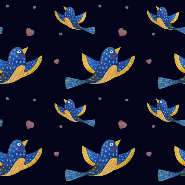 Patrones Sin Costuras Pájaro Azul Volador Manchado Sobre Fondo Negro — Foto de Stock