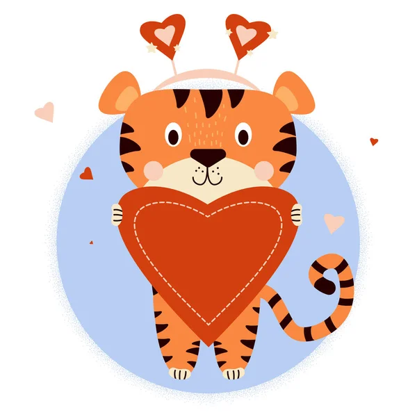 Cartão Postal Valentine Com Tigre Bonito Besta Está Com Grande — Vetor de Stock