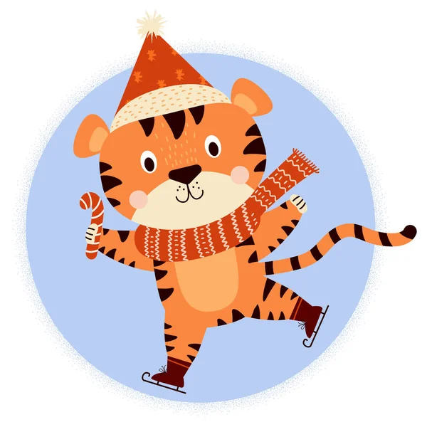 明信片上有一只可爱的冬老虎身着新年服装 戴着围巾 头戴圣诞帽 戴着带条纹焦糖的野兽正在滑冰 2022年中国或东方的虎年 矢量说明 — 图库矢量图片
