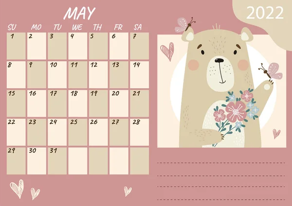 2022年5月プランナーカレンダーテンプレート 花や蝶の花束でかわいい幸せなテディベア ベクトルイラスト 日曜日からの週 デザインと印刷のための文房具 — ストックベクタ