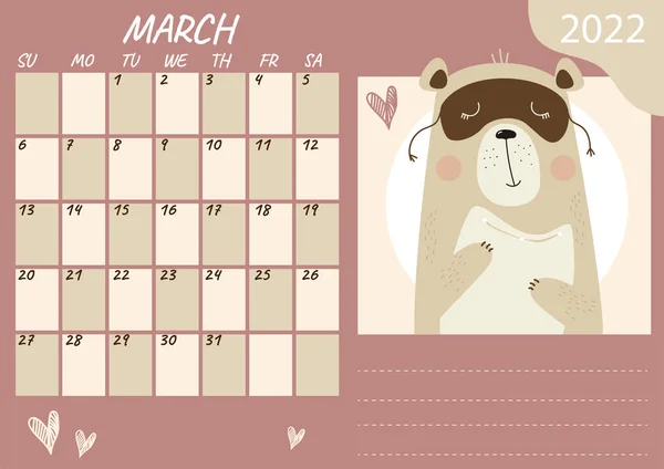 Horizontal Planner Calendar Template March 2022 Cute Sleeping Bear Sleep — Wektor stockowy