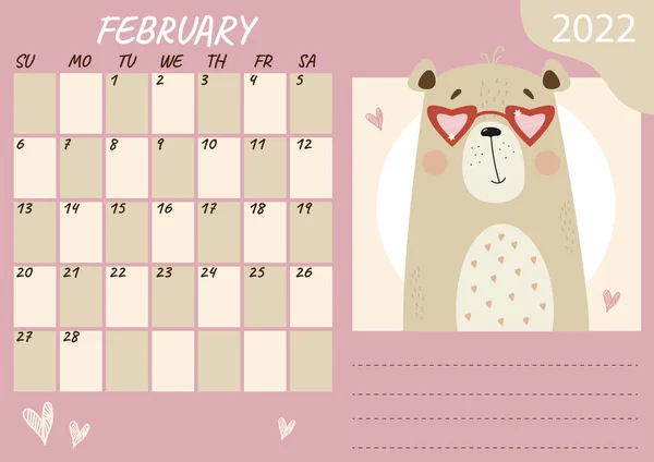 Horizontal Planner Calendar Template February 2022 Cute Enamored Bear Glasses — Vettoriale Stock