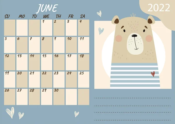 2022年6月プランナーカレンダーテンプレート 縞模様のベストでかわいいクマの船員 ベクトルイラスト 日曜日からの週 デザインと印刷のための文房具 — ストックベクタ