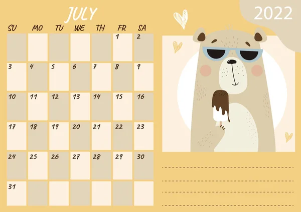 July 2022 Planner Calendar Template Cute Summer Bear Wearing Sun — Wektor stockowy