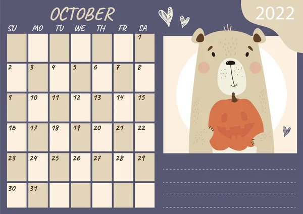 Шаблон Календаря Планировщика Октябрь 2022 Года Милый Медведь Тыквой Хэллоуин — стоковый вектор