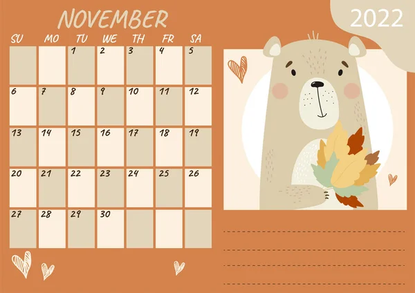 Modelo Calendário Planejador Para Novembro 2022 Urso Pelúcia Bonito Com —  Vetores de Stock