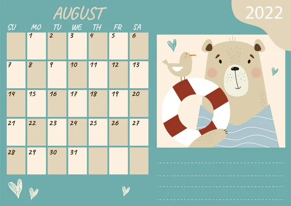 Plantilla Calendario Planificación Para Agosto 2022 Lindo Oso Marinero Con — Archivo Imágenes Vectoriales