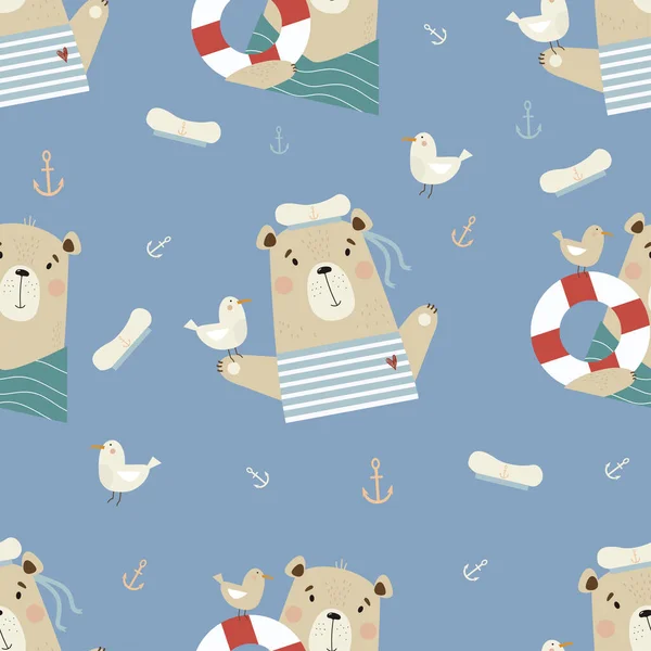 Seamless pattern with cute bears. Funny sailor with seagull and lifebuoy on blue background with seabirds and anchor. Vector illustration in flat style for design, decor, packaging and textiles