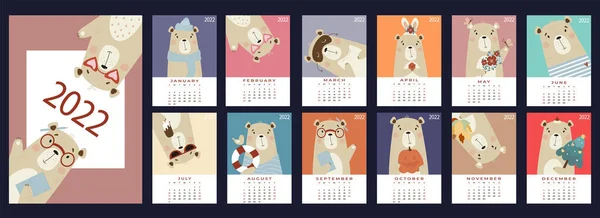 Annual Design Calendar 2022 Set Pages Cover Cute Bear English — Wektor stockowy