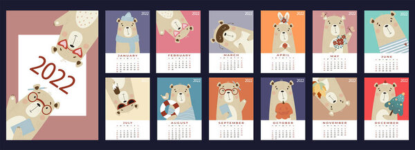 Annual design calendar for 2022. A set of 12 pages and a cover with a cute bear in English. Vector illustration. Vectical template. Week from Sunday. Funny animal in flat style on bright background