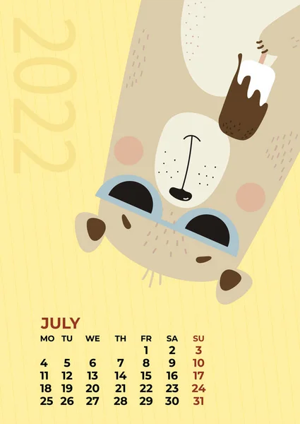 予定表を 2022年7月 黄色の背景にアイスクリームを食べる太陽の眼鏡でかわいいクマ ベクトルイラスト 縦型テンプレート 英語で月曜日から週 デザインやプリントや子供のコレクションのために — ストックベクタ