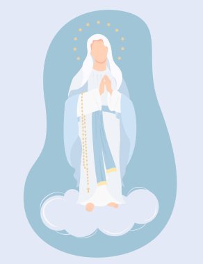 Kutsal Theotokos, Cennetin Kraliçesi. Mavi Maforia 'daki Bakire Meryem, bulutlardaki tespihle uysalca dua ediyor. Hıristiyan ve Katolik toplumları için vektör illüstrasyon, dini bayramların tasarımı, dekorasyonu