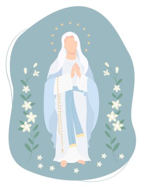 Kutsal Theotokos, Cennetin Kraliçesi. Bakire Meryem arka planda beyaz zambaklı bir tespihle dua ediyor. Hıristiyan ve Katolik toplumları için vektör illüstrasyon, dini bayramların tasarımı, dekorasyonu