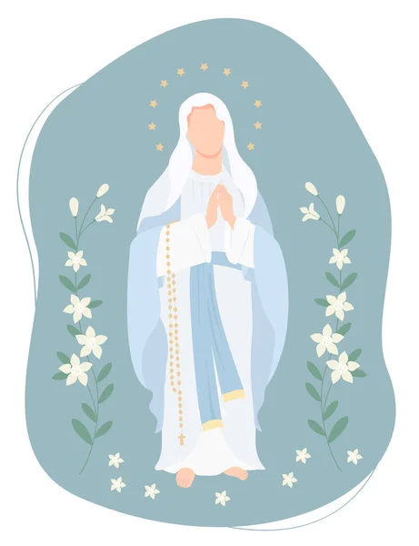 Kutsal Theotokos, Cennetin Kraliçesi. Bakire Meryem arka planda beyaz zambaklı bir tespihle dua ediyor. Hıristiyan ve Katolik toplumları için vektör illüstrasyon, dini bayramların tasarımı, dekorasyonu