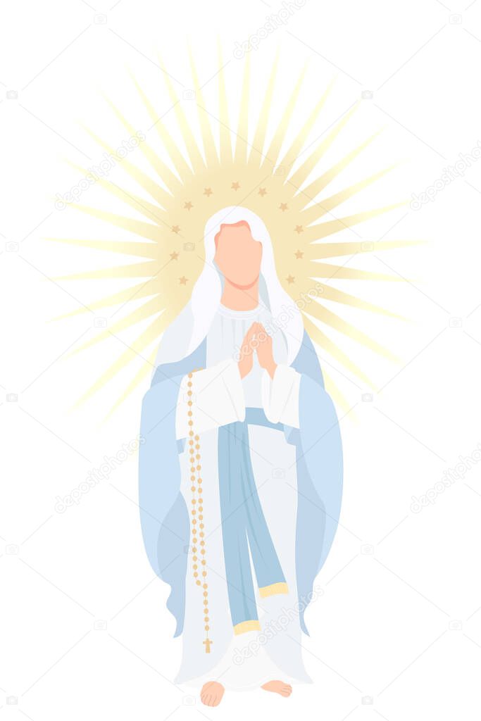 Holy Mary Mother of God the Queen of Heaven. Virgin Mary in blue maforia prays meekly with rosary. Vector illustration for Christian and Catholic communities, design, decor of religious holidays