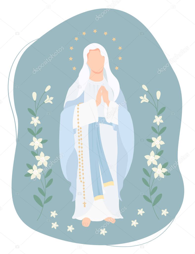 Most Holy Theotokos, Queen of Heaven. Virgin Mary prays with a rosary on a background with white lilies. Vector illustration for Christian and Catholic communities, design, decor of religious holidays
