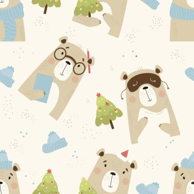 Sevimli ayılarla kusursuz desen. Kışın giyinmiş bir hayvan, Noel Baba şapkası ve Noel ağacı, kitap ve gözlüklü, yastıklı ve beyaz arka planda uyumak için maskeli. Vektör illüstrasyonu