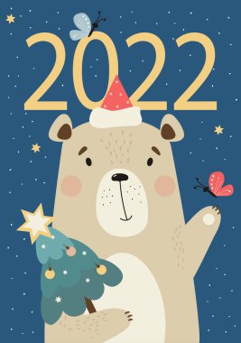 Ayı takvimi 2022. Noel Baba şapkalı şirin bir ayı ve dekorlu mavi arka planda bir kelebek. Düz bir şekilde vektör illüstrasyonu. Tasarım ve yazdırma için dikey kartpostal