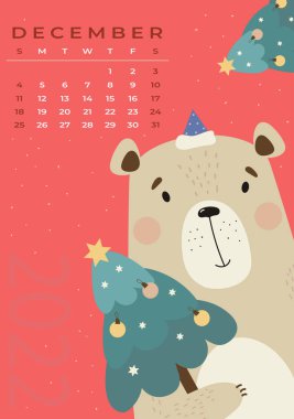 Ayı takvimi. Aralık 2022. Noel Baba şapkalı şirin ayı ve Noel ağacı. Düz bir şekilde vektör illüstrasyonu. Dikey Şablon. Pazar 'dan sonraki hafta. Tasarım ve yazdırma için kırtasiye