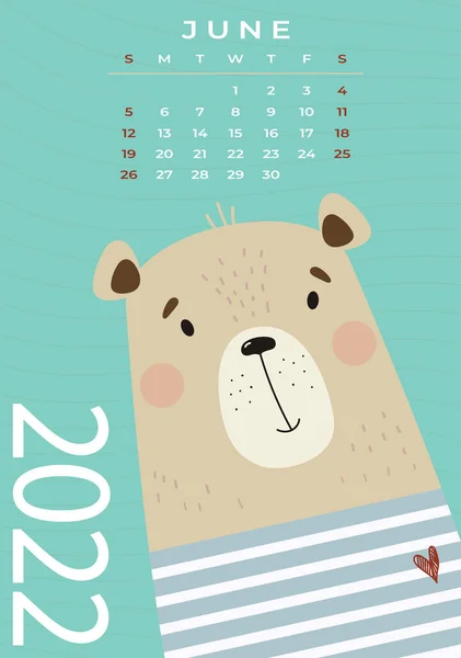 Calendário Urso Junho 2022 Marinheiro Urso Bonito Colete Marinho Listrado — Vetor de Stock