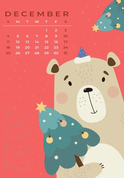 Calendario Degli Orsi Dicembre 2022 Carino Orso Babbo Natale Cappello — Vettoriale Stock