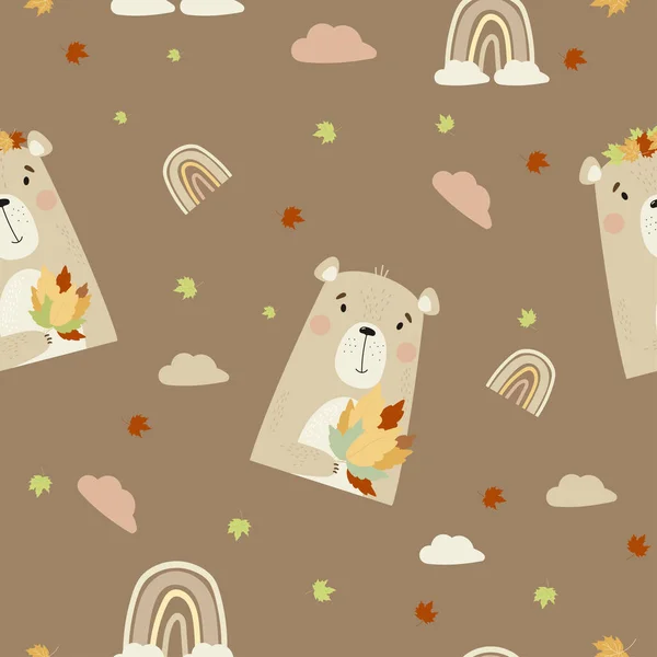 Fond sans couture avec ours d'automne. Mignon animal avec un bouquet de feuilles d'automne sur un fond brun avec un arc-en-ciel et des nuages. Illustration vectorielle. Style scandinave pour le design — Image vectorielle