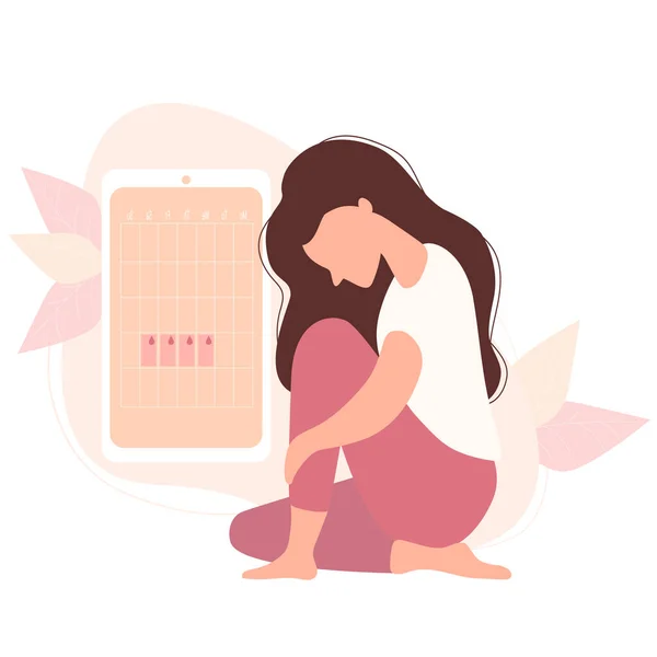 Das Mädchen schaut auf den Frauenkalender. Schöne moderne traurige Frau sitzt in der Nähe des weiblichen Gesundheits- und Menstruationskalenders auf dem Telefonbildschirm. Vektorillustration — Stockvektor