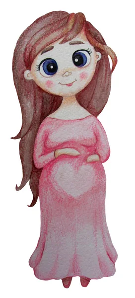 Leuke vrolijke, mooie zwangere vrouw met lang haar in een roze jurk. Staat en knuffelt zachtjes de buik. Aquarel. Handtekening op een witte achtergrond Voor ansichtkaarten, ontwerp, decor en bedrukking — Stockfoto