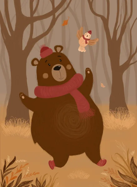 Autumn landscape. Cute bear in a hat and scarf with a bird in the forest. Raster illustration. Vectical Hand drawing For decor, kids collection, interior design, posters, cards and print — Stock Photo, Image