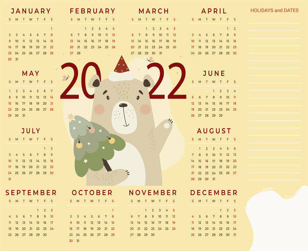 Calendar 2022. Cute bear with a Christmas tree. Vector illustration. Horizontal calendar template A3, 12 months in English with place for notes. Week starts on Sunday. Stationery, printing, organizer