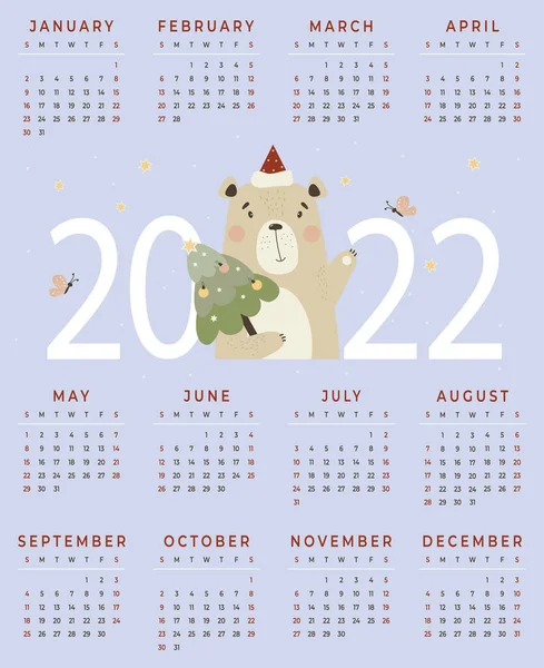 2022年のカレンダー。かわいいサンタはクリスマスツリーとクマ。ベクトルイラスト。垂直カレンダーテンプレート英語で12ヶ月間A3 。日曜日の週。文房具、印刷、オーガナイザー、インテリア装飾 — ストックベクタ