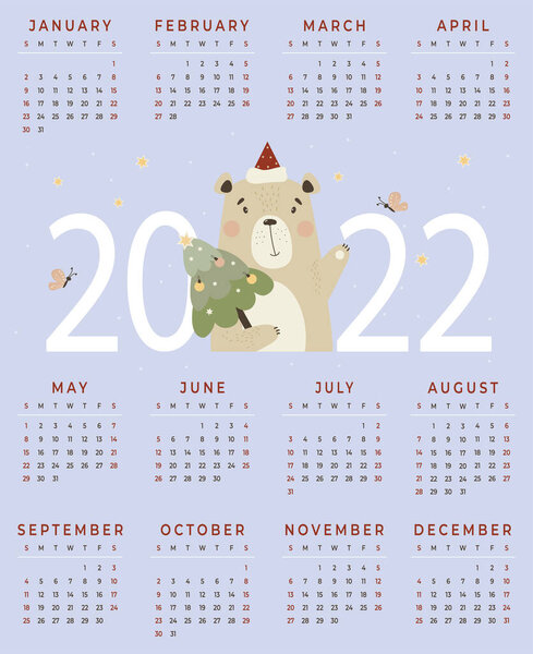 Calendar for 2022. Cute Santa bear with Christmas tree. Vector illustration. Vertical calendar template A3 for 12 months in English. Week on Sunday. Stationery, printing, organizer, interior decor