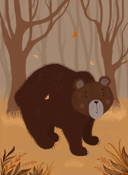 Urso pardo bonito na floresta de outono. Paisagem de outono. Ilustração mais rápida. Desenho à mão Vectical Para decoração, coleção de crianças, design de interiores, cartazes, cartões postais e impressões — Fotografia de Stock