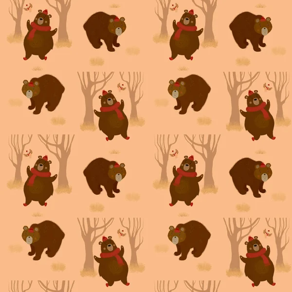 Seamless pattern with forest animals. Cute bears in red knitted hats with a bird in an autumn forest landscape on a beige background. Digital raster illustration for design, decor, print — Stock Photo, Image