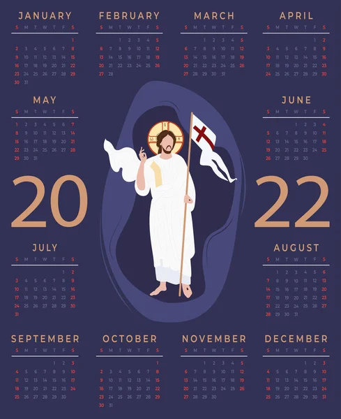 Rok 2022. Coroczny kalendarz religijny z Jezusem Chrystusem Zmartwychwstaniem Zbawiciela. Ilustracja wektora. Pionowy szablon na 12 miesięcy w języku angielskim. Tydzień zaczyna się w niedzielę. Pojęcie religijne — Wektor stockowy