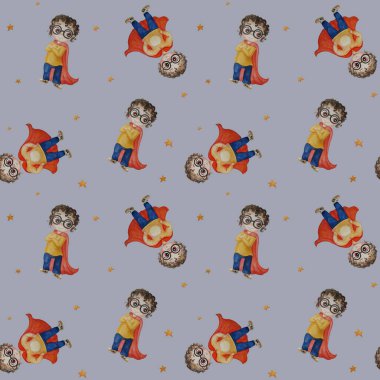 Kusursuz desen. Kırmızı uzun pelerinli küçük süper kahramanlar. Suluboya. Gülümseyen, yuvarlak gözlüklü ve açık gri arka planda yıldızlı kıvırcık saçlı iki sevimli süper çocuk. Çocuk koleksiyonu