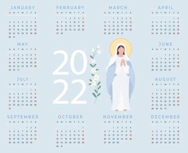Mavi arka planda Kutsal Theotokos Kraliçesi Bakire Meryem 'in 2022 Dini Takvimi. Vektör çizimi. 12 aylık yatay A3 şablonu İngilizce. Hafta pazar günü başlıyor.
