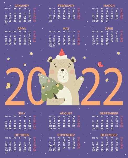 2022年のカレンダー。かわいいサンタはクリスマスツリーとクマ。ベクトルイラスト。垂直カレンダーテンプレート英語で12ヶ月間A3 。月曜日からの週。文房具、印刷、オーガナイザー、インテリア装飾 — ストックベクタ