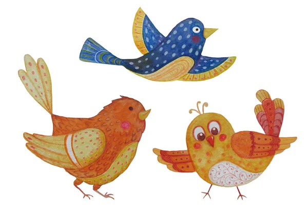 Set Simpatici Uccelli Decorativi Acquerello Disegno Mano Isolato Sfondo Bianco — Foto Stock