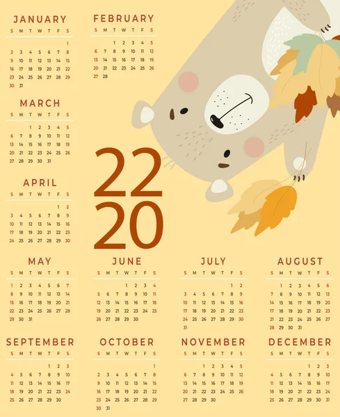 Щорічний Календар 2022 Рік Милий Ведмідь Осіннім Листям Жовтому Тлі — стоковий вектор