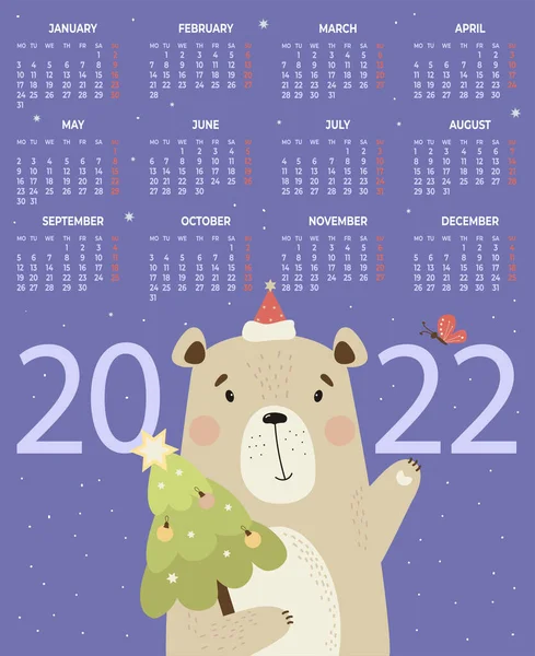 Calendario Para 2022 Con Lindo Oso Santa Árbol Navidad Sobre — Archivo Imágenes Vectoriales