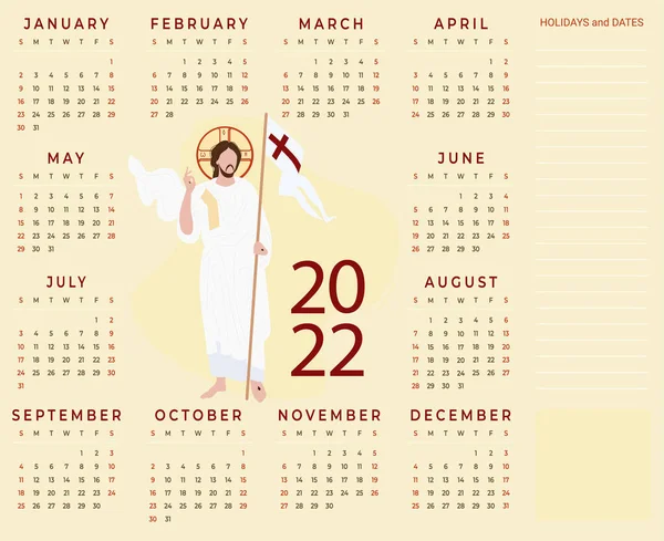 Jahreskalender 2022 Religiöser Kalender Mit Jesus Christus Dem Erlöser Auf — Stockvektor