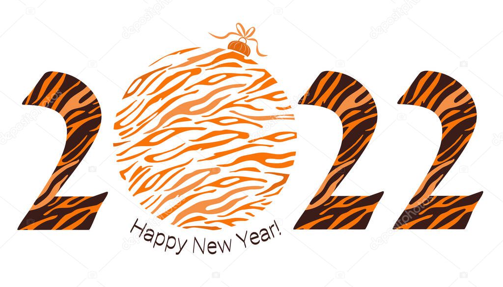 2022. Christmas ball. Happy New Year. Vector illustration. Date of the year and Christmas tree ball with striped tiger pattern. Year of the Tiger in the Eastern calendar. For design, decor and banner