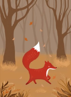 Sonbahar ormanındaki şirin kızıl tilki. Sonbahar manzarası. Raster illüstrasyonu. Dekor, çocuk koleksiyonu, iç tasarım, posterler, kartlar, dekorasyon ve baskı için dikey el çizimi